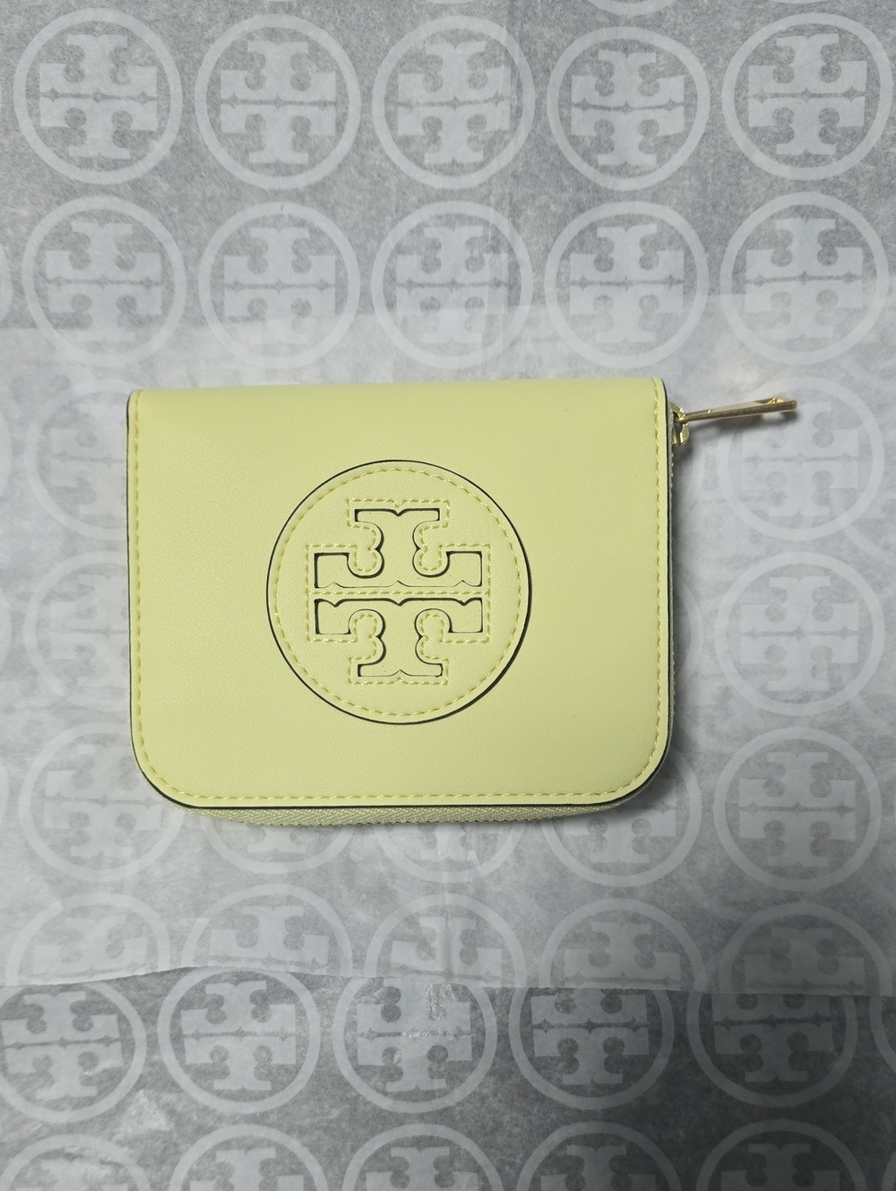 Tory Burch Pale Yellow Leather Zip Card Case